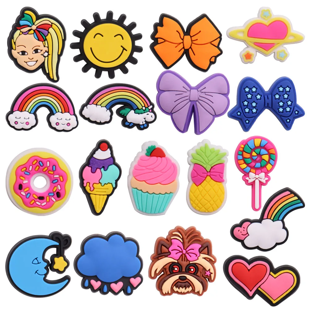 

1-18Pcs Hot Movie Bowknot Rainbow Sun Girls Donut Cake PVC Sandals Shoe Decorations DIY Wristbands Buckle Clog Croc Jibz