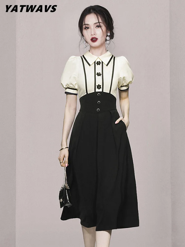 Summer Women A-Line Shirt Dresses Vintage Designer Hit Color Lapel Puff Sleeve Elegant High Waist Button Decor Party Midi Dress
Summer Women A-Line Shirt Dresses Vintage Designer Hit Color Lapel Puff Sleeve Elegant High Waist Button Decor Party Midi Dress