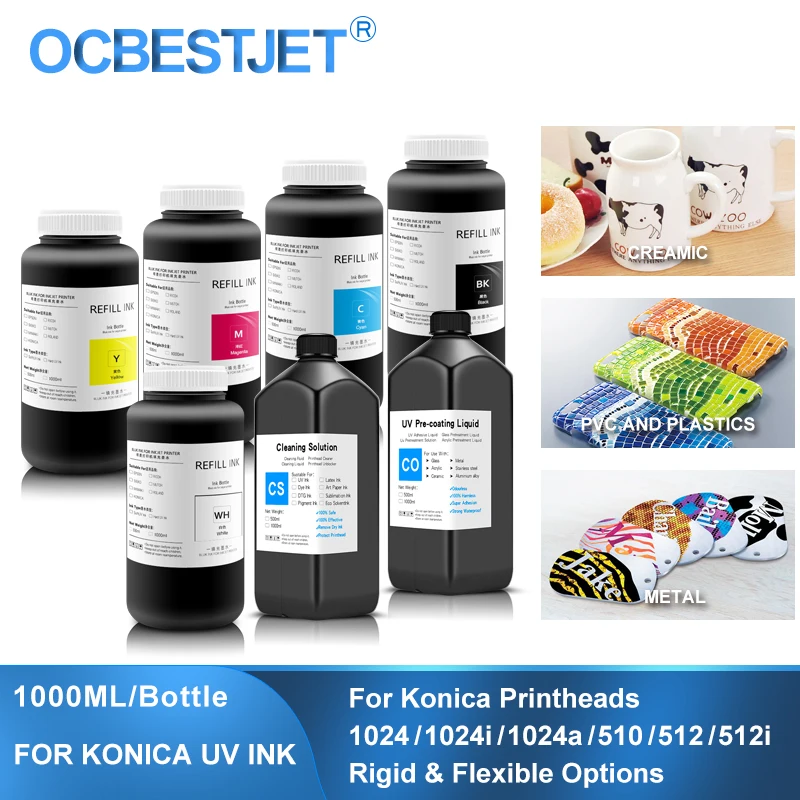 

1000ML/Bottle LED Curable UV Ink For Konica Minolta KM1024i 1024 1024i 1024a 510 512 512i KM1800i Printhead Rigid & Flexible Ink