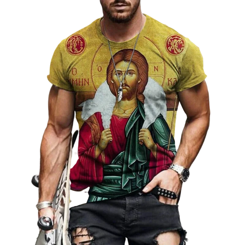 Футболка мужская с коротким рукавом, этническая рубашка в стиле ретро, с 3D-принтом Иисуса и круглым вырезом, полиэстеровый материал, лето 2022
Футболка мужская с коротким рукавом, этническая рубашка в стиле ретро, с 3D-принтом Иисуса и круглым вырезом, полиэстеровый материал, лето 2022