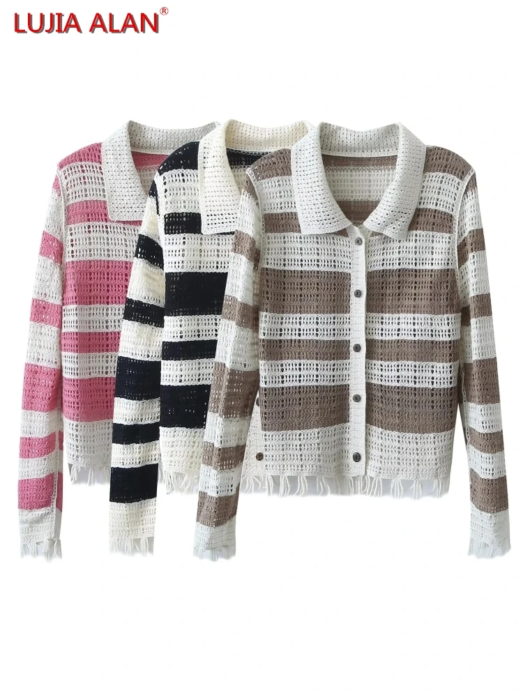 3 Colors New Women's Lapel Tassels Decoration Long Sleeve Casual Striped Knitting Loose Sweater LUJIA ALAN SW1806
3 Colors New Women's Lapel Tassels Decoration Long Sleeve Casual Striped Knitting Loose Sweater LUJIA ALAN SW1806