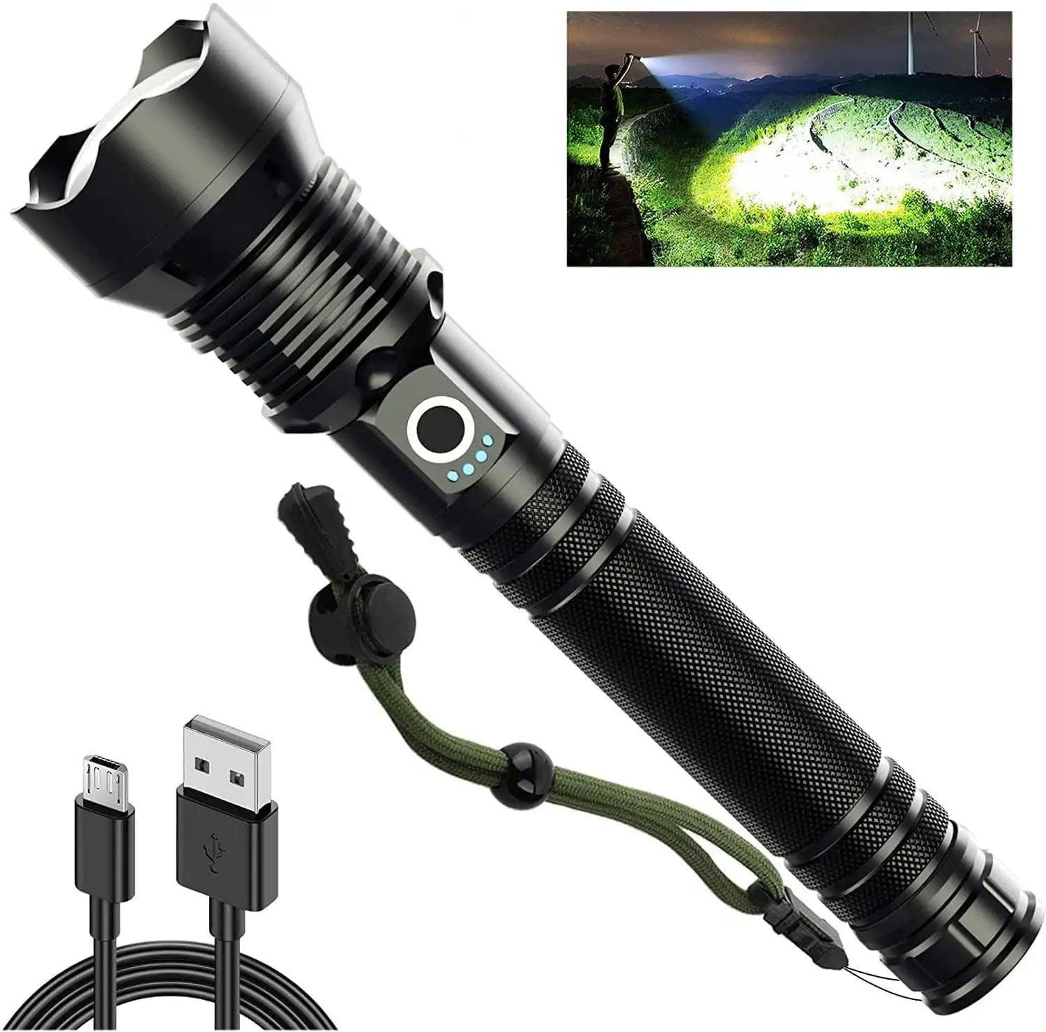3 Modes 90000 Lumens Waterproof Rechargeable Handheld LED Flashlight with Batteries of 10000 mAh,Can Last 8-12 Hours
3 Modes 90000 Lumens Waterproof Rechargeable Handheld LED Flashlight with Batteries of 10000 mAh,Can Last 8-12 Hours