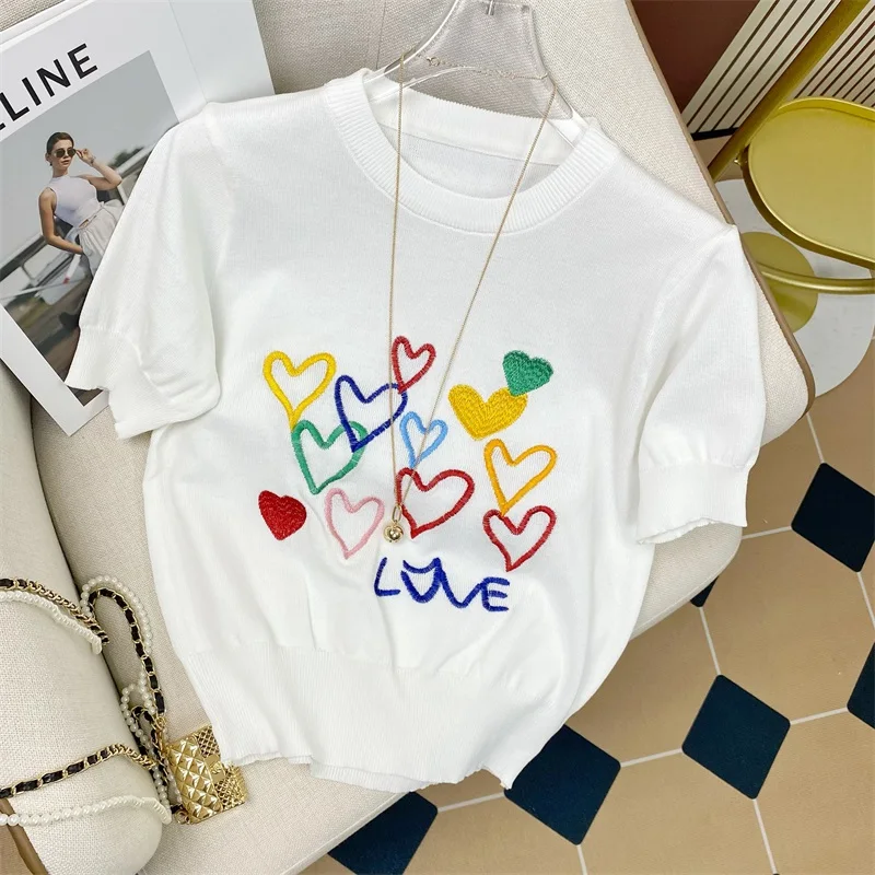Summer Love Embroidery Knit Sweater Pullover For Women 2022 Fashion Stylish Ladies Top Knitwear Short Sleeve O-neck Woman Tees 
Summer Love Embroidery Knit Sweater Pullover For Women 2022 Fashion Stylish Ladies Top Knitwear Short Sleeve O-neck Woman Tees