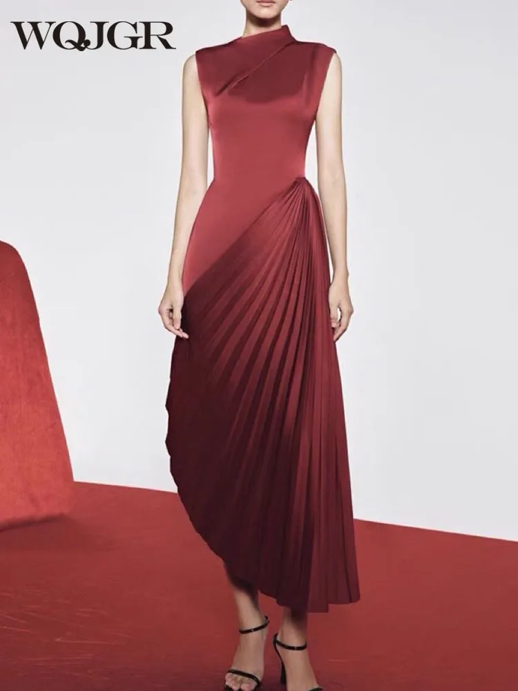 

WQJGR News Party Evening Dresses Women Casual Asymmetric Sleeveless O-Neck Wine Red Banquet Folds Formal Occasion Dress Female