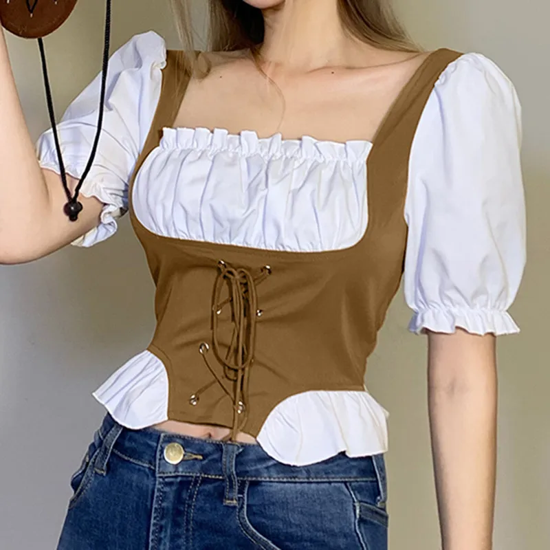 Women Summer Crop Shirt T-Shirts Preppy Style Short Sleeve Square Neck Patchwork Ruched Ruffle Tie-Up Short Navel Tops Y2K
Women Summer Crop Shirt T-Shirts Preppy Style Short Sleeve Square Neck Patchwork Ruched Ruffle Tie-Up Short Navel Tops Y2K