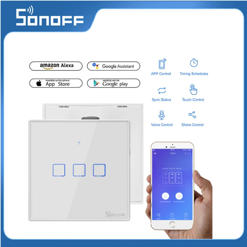 SONOFF T1/T2/T3/T0 TX EU/UK/US 1/2/3Gang WiFi Wall Touch Switch Smart Home Control Connect Via Ewelink APP RF433 Voice Touch
SONOFF T1/T2/T3/T0 TX EU/UK/US 1/2/3Gang WiFi Wall Touch Switch Smart Home Control Connect Via Ewelink APP RF433 Voice Touch