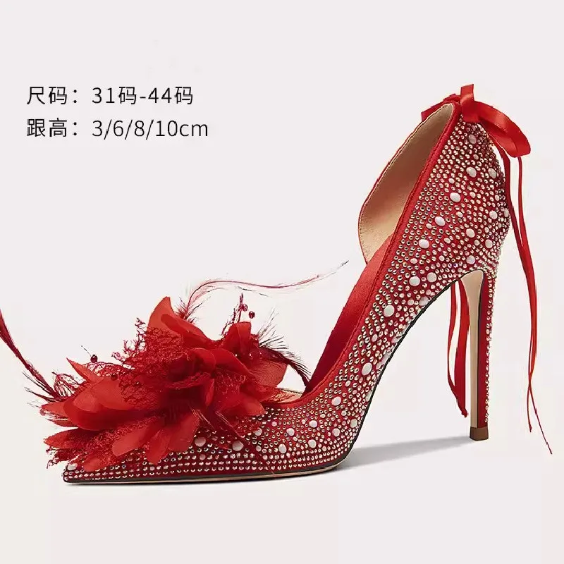 Spring/Summer Pointed Rhinestone Lace Flower Feather Single Shoes Thin High Heels Banquet Dress Large and Small Women's Sandals
Spring/Summer Pointed Rhinestone Lace Flower Feather Single Shoes Thin High Heels Banquet Dress Large and Small Women's Sandals