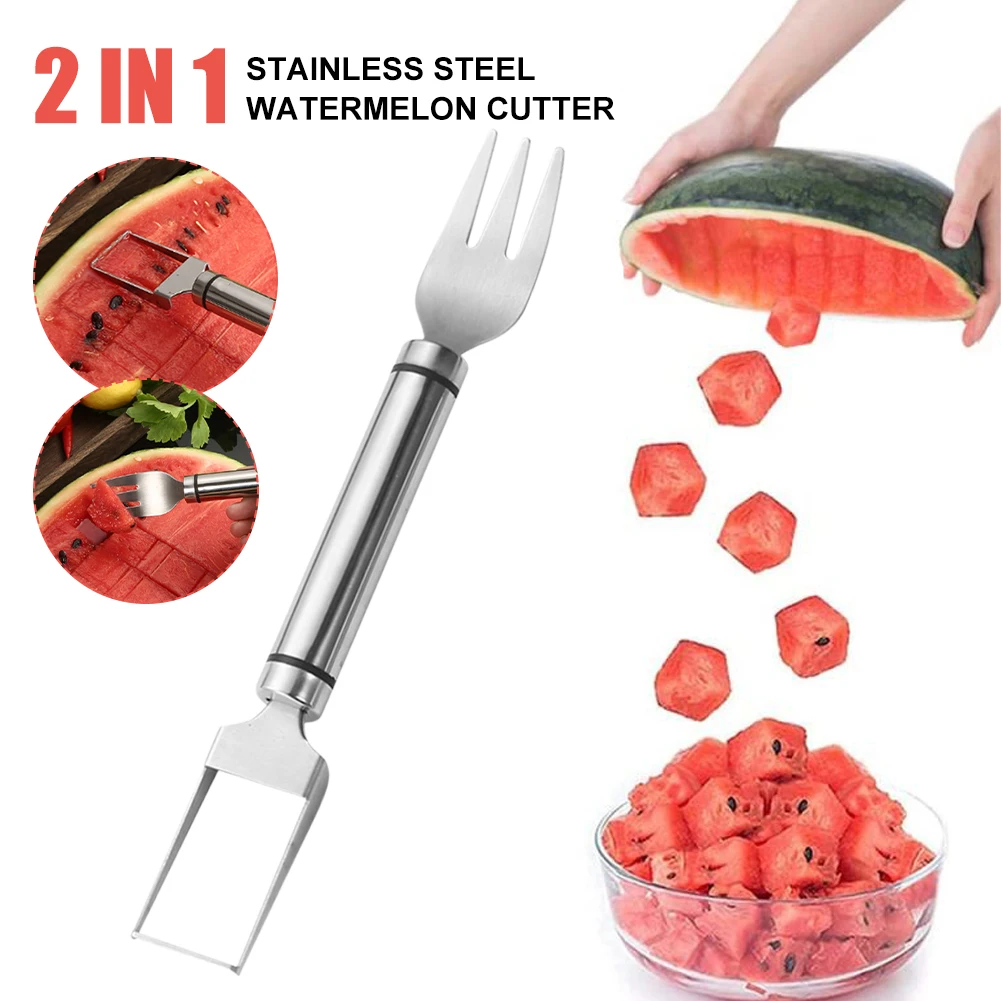 

Stainless Steel Watermelon Cutter Slicer Tool Fork 2 In 1 Watermelon Fruit Slicer Fruit Salad Knife Fork Tool Kitchen Gadget