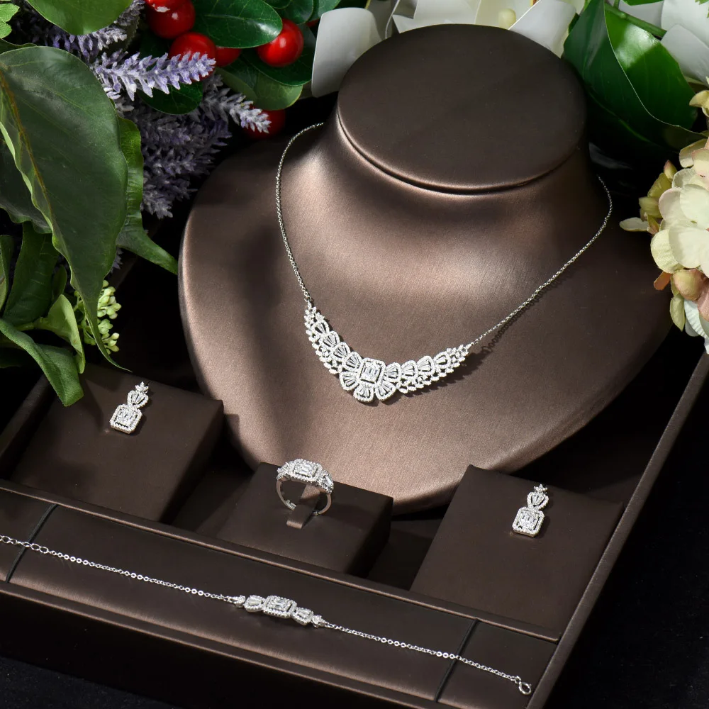 

HIBRIDE, винтажное классическое женское ожерелье, серьги, кольцо и браслет, набор из 4 предметов, форма листа, CZ, ювелирный набор, для торжественн...