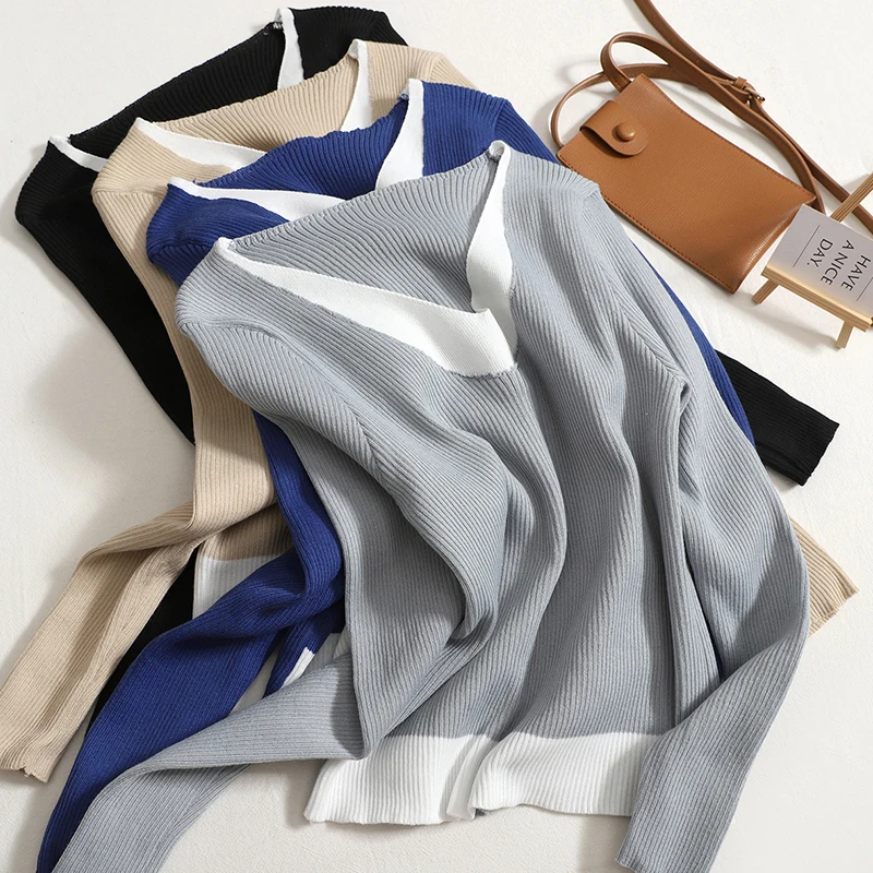 Hikigawa Chic Fashion Women Fake 2 Piece Contrast Color V Neck Sweater Autumn Thin Knit Slim Fit Long Sleeve Pullover Top Mujer
Hikigawa Chic Fashion Women Fake 2 Piece Contrast Color V Neck Sweater Autumn Thin Knit Slim Fit Long Sleeve Pullover Top Mujer