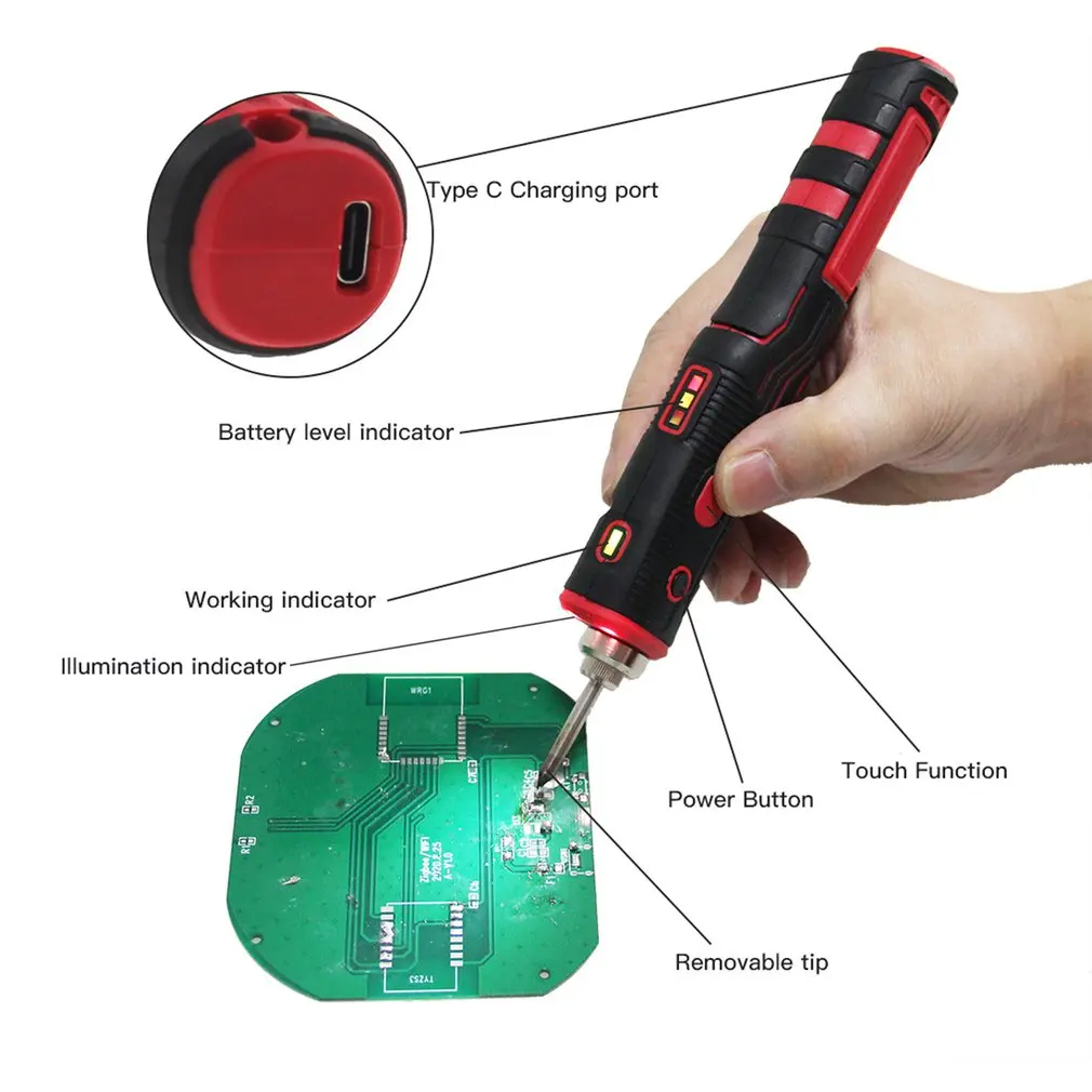 3.7V Cordless Wireless Soldering Iron USB Rechargeable With Bright LED Light/Soldering Tip/Stand/Soldering Wires DIY Tool
3.7V Cordless Wireless Soldering Iron USB Rechargeable With Bright LED Light/Soldering Tip/Stand/Soldering Wires DIY Tool