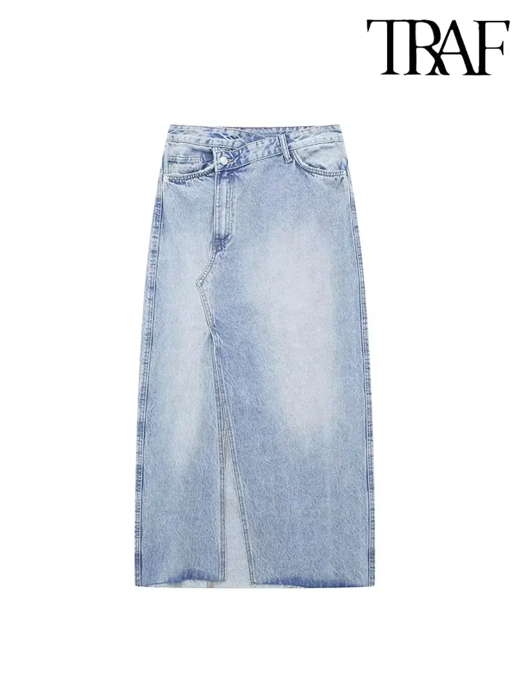 TRAF 2023 Women's Front Slit Blue Denim Skirt Pockets High Waist Slim Zipper Midi Skirts Female Casual Streetwear
TRAF 2023 Women's Front Slit Blue Denim Skirt Pockets High Waist Slim Zipper Midi Skirts Female Casual Streetwear