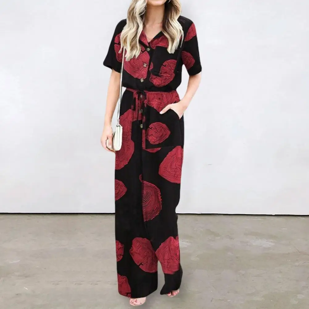 Short Sleeve Wide Leg Waist Lace-up Circle Print Lady Pocket Office Jumpsuit Streetwear 
Short Sleeve Wide Leg Waist Lace-up Circle Print Lady Pocket Office Jumpsuit Streetwear