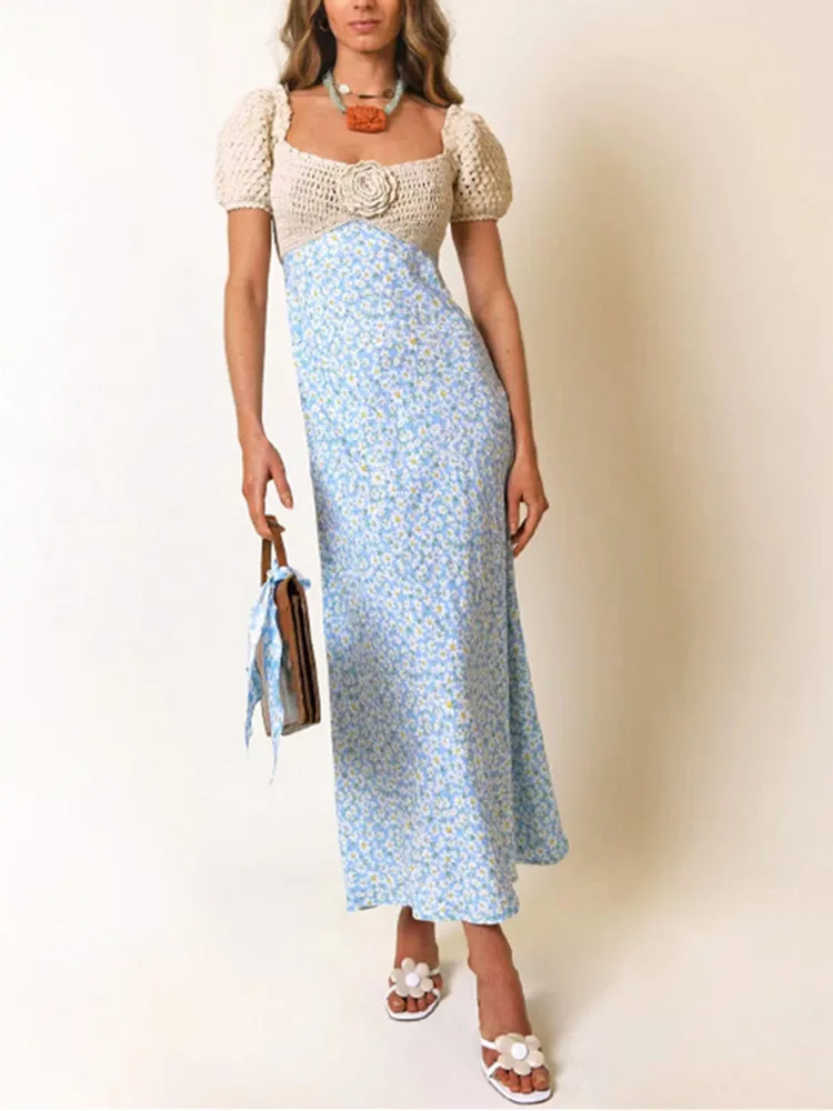 2023 Summer New Women Square Collar Floral Printing Crochet Knitted Stitching Fashion Straight Simple Casual Midi Dress 
2023 Summer New Women Square Collar Floral Printing Crochet Knitted Stitching Fashion Straight Simple Casual Midi Dress