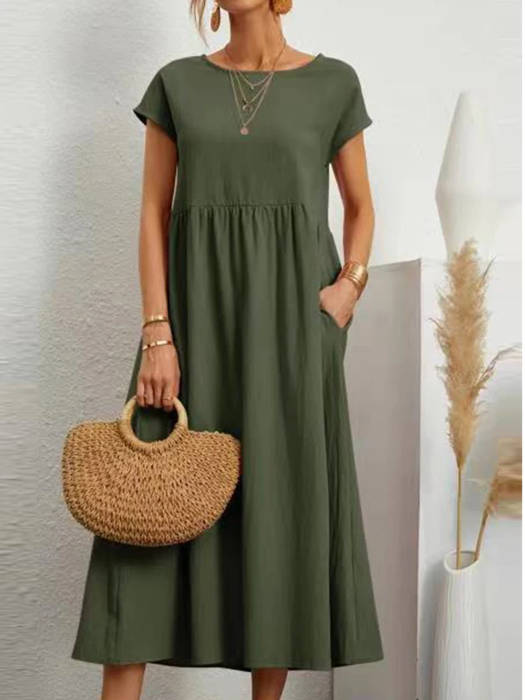 Vintage Solid Midi Dress Casual Pocket Short Sleeve Cotton Linen Harajuku Oversized Long Dress Women Summer Maxi Sundress 2023
Vintage Solid Midi Dress Casual Pocket Short Sleeve Cotton Linen Harajuku Oversized Long Dress Women Summer Maxi Sundress 2023