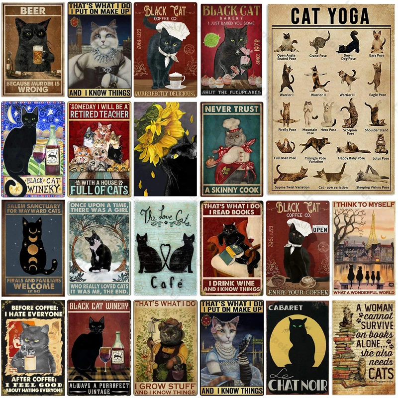 

Cat Yoga Metal Tin Sign Vintage Style Tin Plaque Metal Poster Cabaret Chat Noir Metal Sign Retro Tin Sign for Bar Man Cave Decor