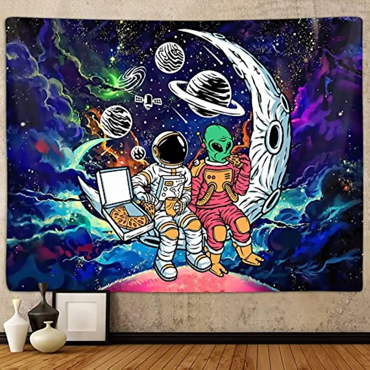 

Funny Space Astronaut Alien Tapestry for Men Guys Bedroom, Cool Trippy Universe Planet Art Tapestries
