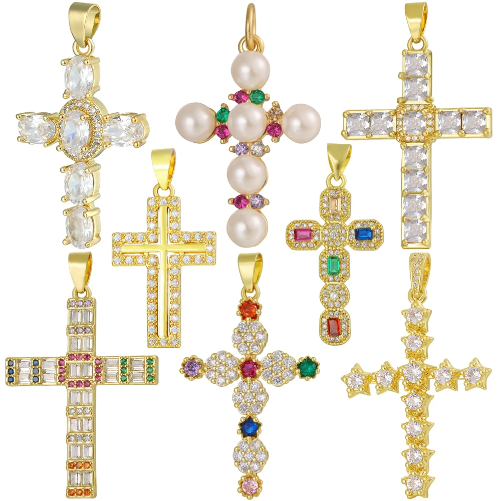 

Juya DIY Religious Catholic Pendant Jewelry Making Supplies Handmade 18K Real Gold Plated Cubic Zirconia Christian Cross Charms