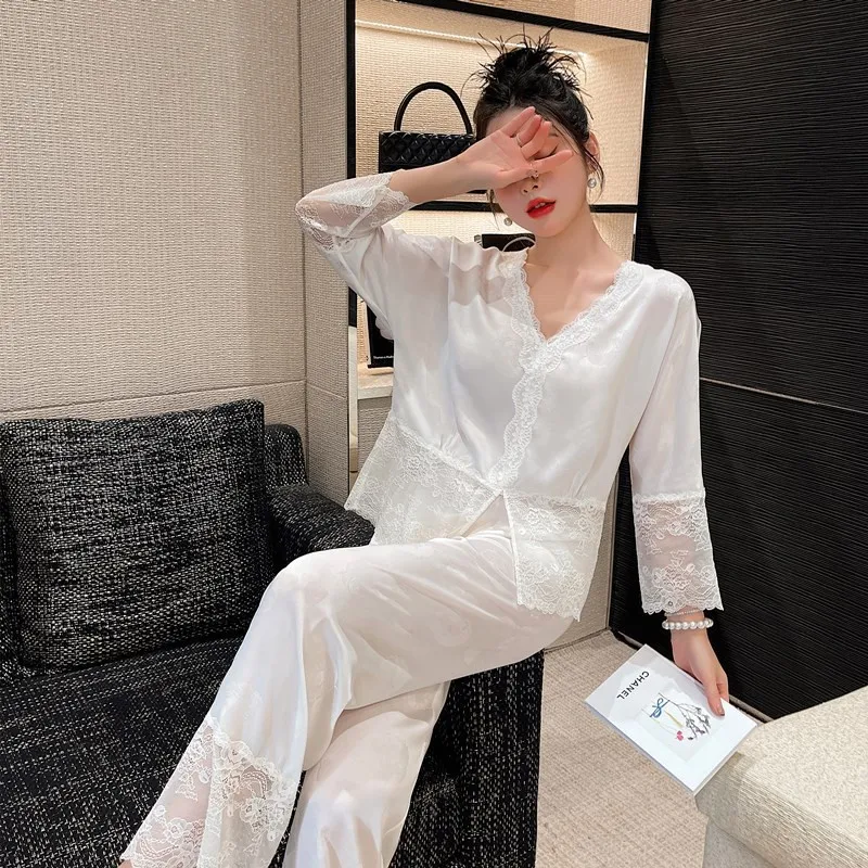 Lace Edge Women Pajamas Comfort Silky Sexy Nuisette Femme Solid Long Sleeve Home Clothing Shirt Pant Sexy Sleepwear Nightwear
Lace Edge Women Pajamas Comfort Silky Sexy Nuisette Femme Solid Long Sleeve Home Clothing Shirt Pant Sexy Sleepwear Nightwear