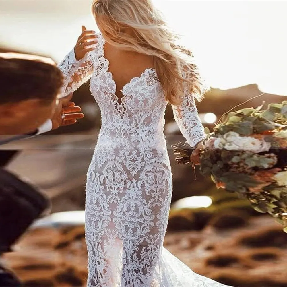 Beach Vintage Lace 2023 Mermaid Wedding Dresses Open Back Long Sleeves V Neck Boho Bridal Gowns Sexy Vestido De Mariee
Beach Vintage Lace 2023 Mermaid Wedding Dresses Open Back Long Sleeves V Neck Boho Bridal Gowns Sexy Vestido De Mariee