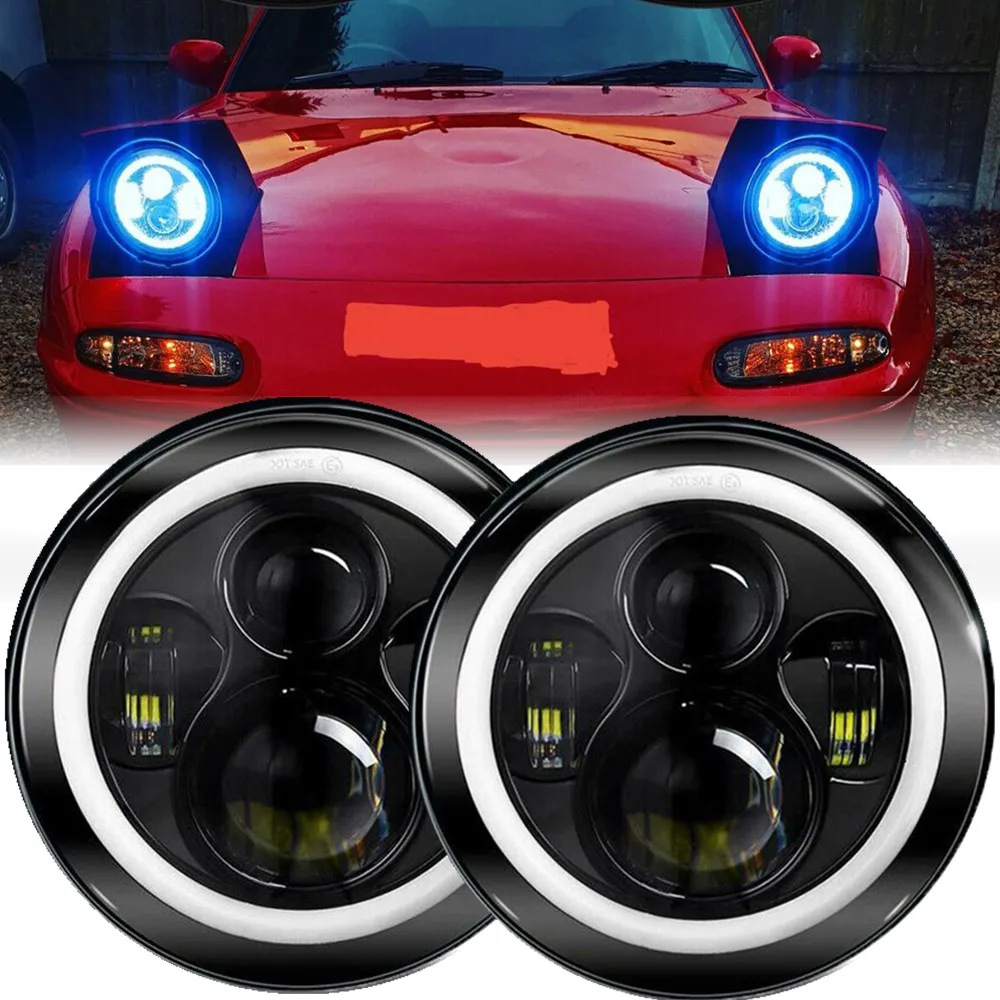 

Fit 90-97 Mazda Miata MX-5 MX5 Car 7Inch Led Headlight Round Angel Eyes Halo Front DRL Lights For Land Rover Defender 90 110