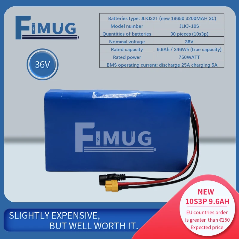 FIMUG 36V 9.6Ah Lithium Battery 18650 10S3P New Cell Pack 3200MAh 750WATT 25A BMS for 36V Scooters Electric Bicycles Motorcycle
FIMUG 36V 9.6Ah Lithium Battery 18650 10S3P New Cell Pack 3200MAh 750WATT 25A BMS for 36V Scooters Electric Bicycles Motorcycle