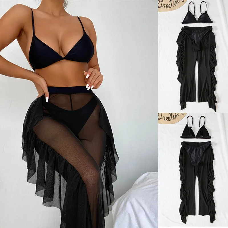 Женский однотонный купальник, комплект из 3 предметов, бикини, топ, трусики, прозрачные брюки, купальники, женская летняя пляжная одежда 
Женский однотонный купальник, комплект из 3 предметов, бикини, топ, трусики, прозрачные брюки, купальники, женская летняя пляжная одежда