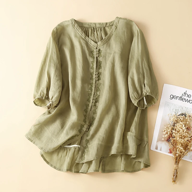 Vintage cotton linen embroidery women shirt blouse half sleeve loose comfortable female blouses or tops ruffles hem thin shirts
Vintage cotton linen embroidery women shirt blouse half sleeve loose comfortable female blouses or tops ruffles hem thin shirts