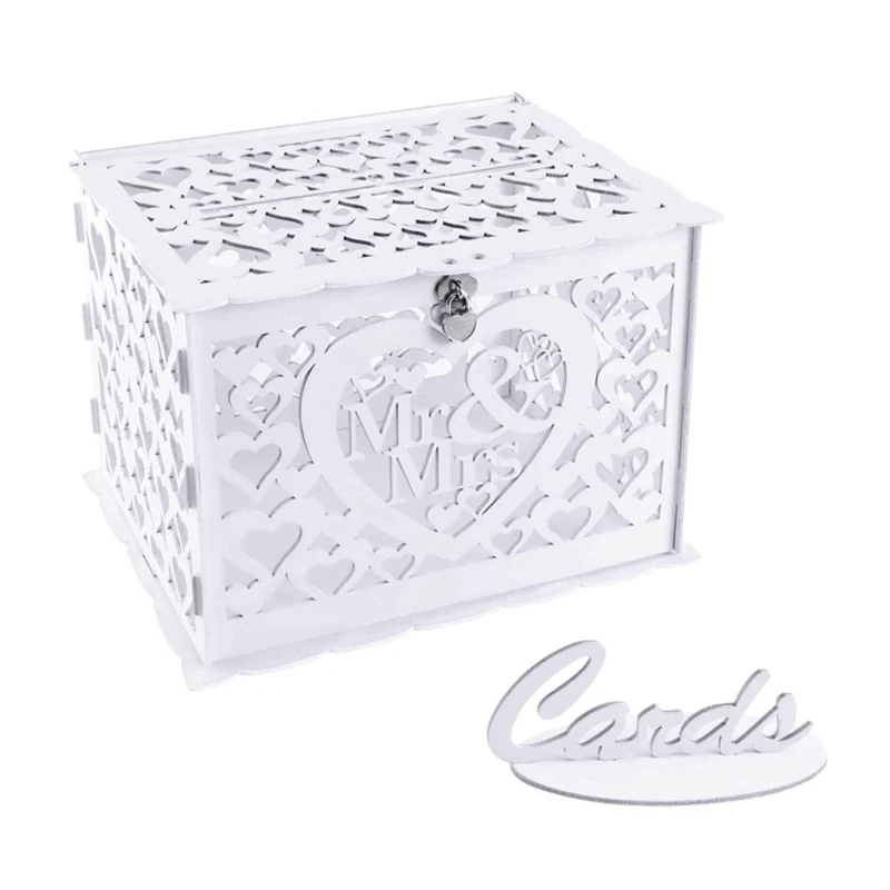 

Elegant Wood Wedding Gift Card Box with Lock and Slot Large White Money Envelope Holder for Reception, Anniversary,
