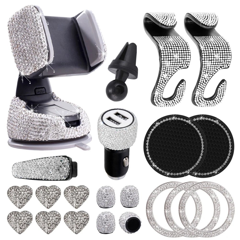 20PCS Bling Car Accessories for Women Rhinestone Kit Dual USB Car Charger Phone Mount Tire Valve Cap Glass Cup Pad Backseat Hook
20PCS Bling Car Accessories for Women Rhinestone Kit Dual USB Car Charger Phone Mount Tire Valve Cap Glass Cup Pad Backseat Hook