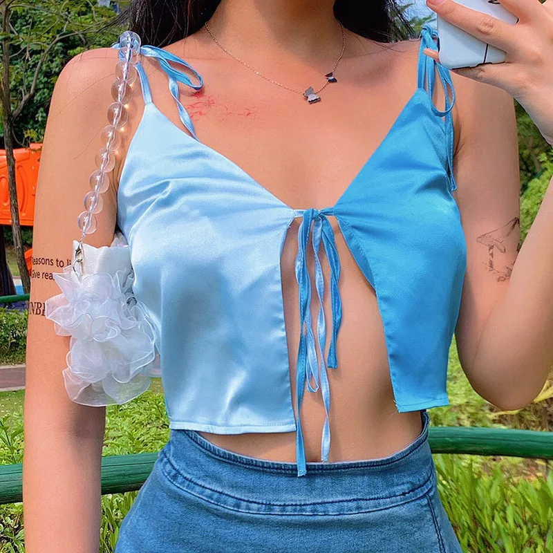 Sexy Blue Crop Tops Fashion Satin V-neck Sleeveless Short Tank Tops Casual Bandage Patchwork Sling Top Summer Clothes for Women
Sexy Blue Crop Tops Fashion Satin V-neck Sleeveless Short Tank Tops Casual Bandage Patchwork Sling Top Summer Clothes for Women
