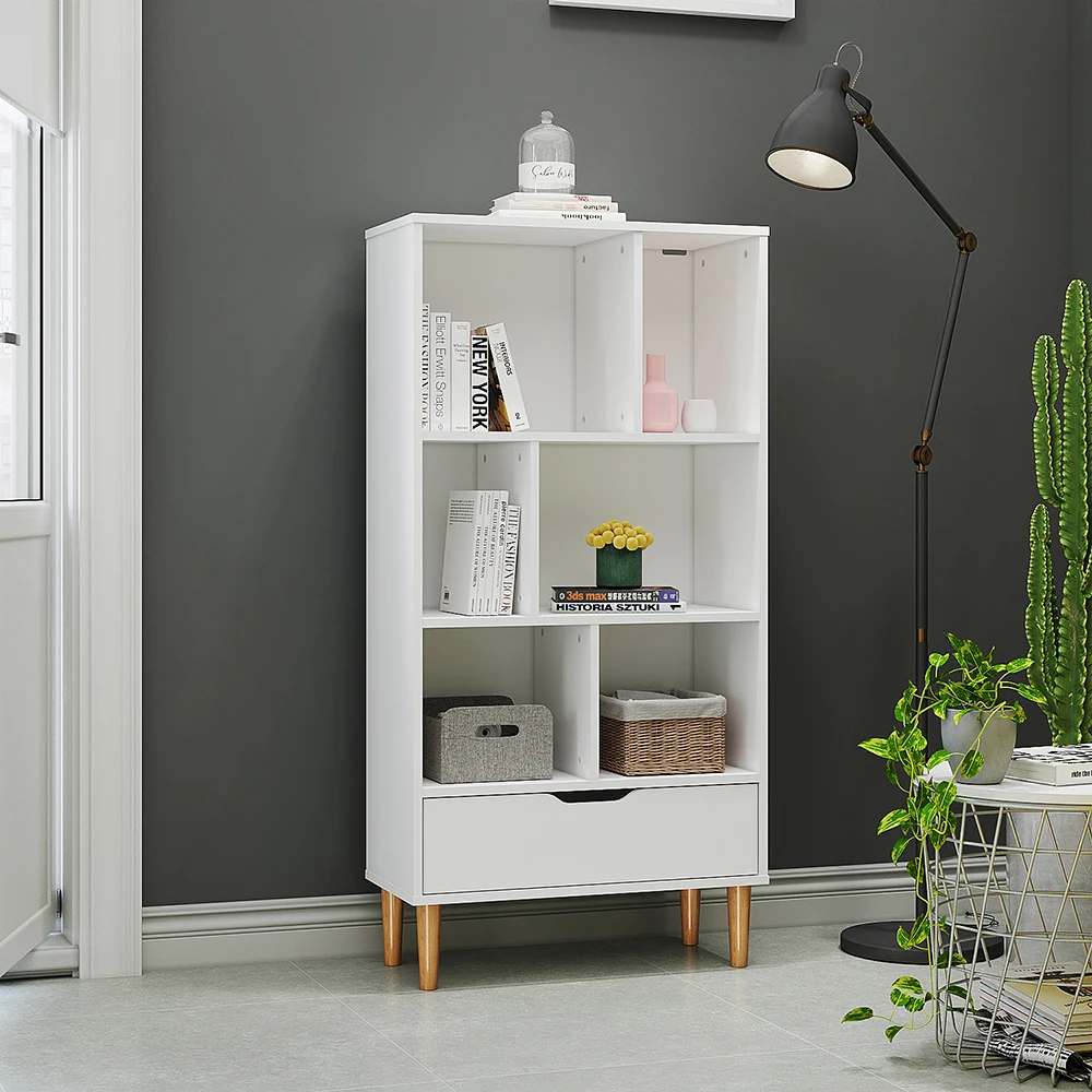 

Panana Living Room Bookcase Storage Cabinet Shelves Unit 6 Cubes Bookshelf Freestanding With Drawer Wooden Legs Display White