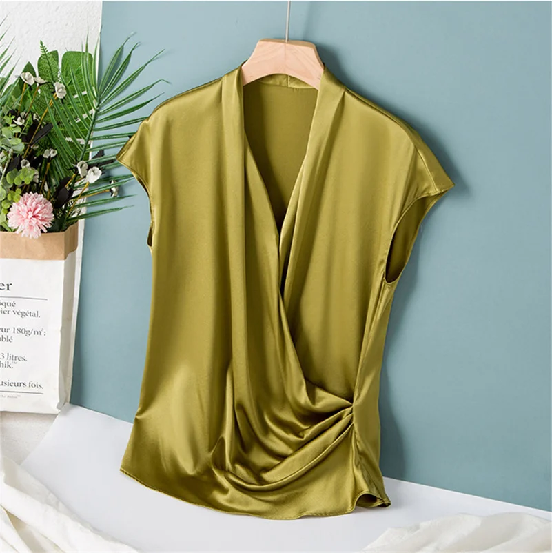Women Short Sleeve Blusas Tops Female Cross V-Neck Satin Blouses Casual Loose Fashion T-Shirt Blusas Mujer De Moda 2022
Women Short Sleeve Blusas Tops Female Cross V-Neck Satin Blouses Casual Loose Fashion T-Shirt Blusas Mujer De Moda 2022