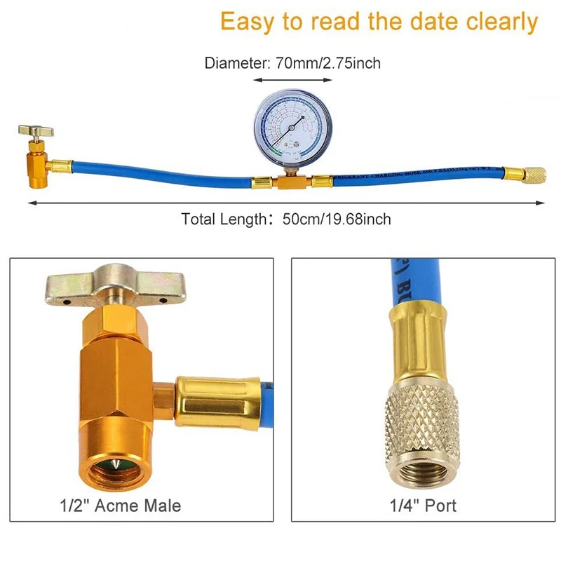 R134A Charging Hose to Refrigerator -with Air Conditioning Gauge - Refrigerant R134A Can Tap to R-12/R-22 Port
R134A Charging Hose to Refrigerator -with Air Conditioning Gauge - Refrigerant R134A Can Tap to R-12/R-22 Port
