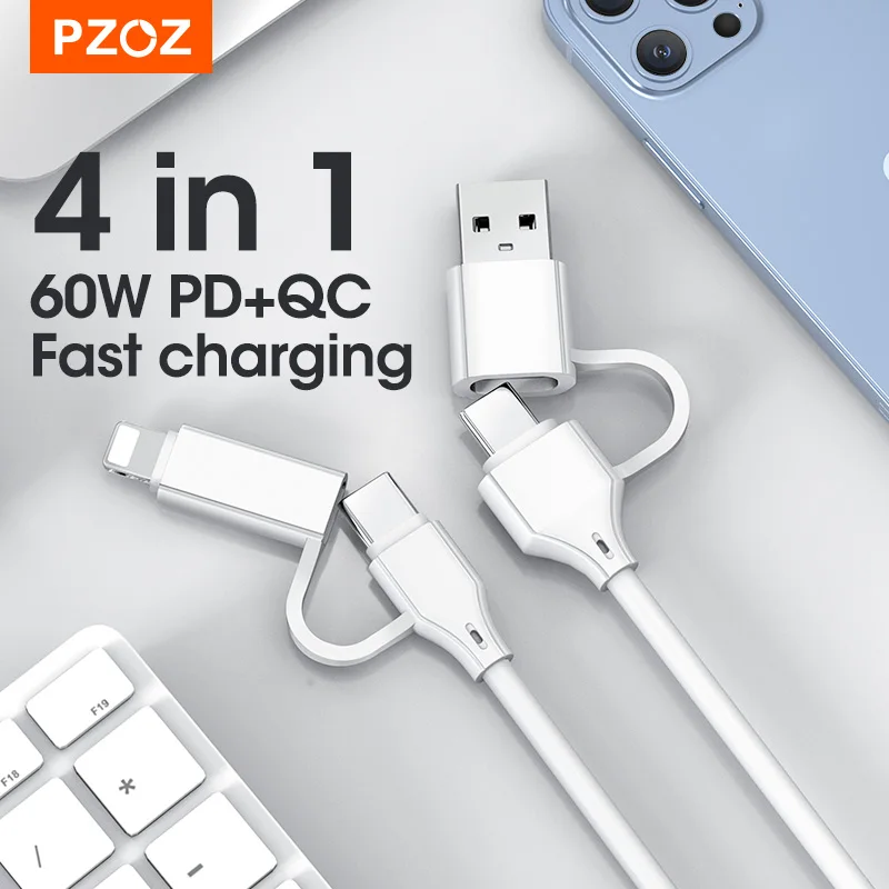 PZOZ 4 в 1 USB-кабель 60 Вт Тип C Кабель для iPhone 13 12 11 Pro Max 3 PD 3A Для Samsung Xiaomi USBC Шнур