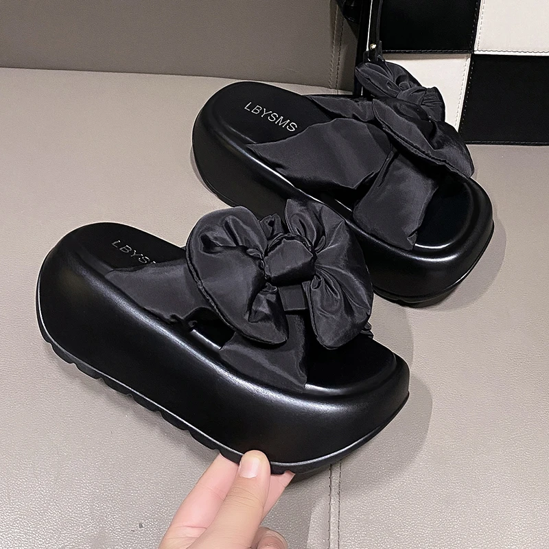 

Big Bowknot Wedge Flip Flops for Women Summer New 2023 Platform Sandals Woman Thick Sole Non Slip 7CM Heels Beach Slide Slippers