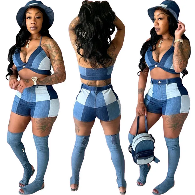 S-2XL Summer 2022 Women Halter Crop Top Straight Pants 2 Piece Denim Jeans Sleeveless Two Piece Shorts Set Wolesale Dropshipping
S-2XL Summer 2022 Women Halter Crop Top Straight Pants 2 Piece Denim Jeans Sleeveless Two Piece Shorts Set Wolesale Dropshipping