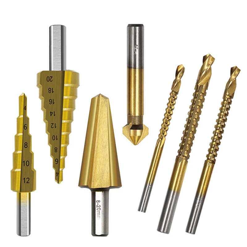 

New 7Pcs Reaming Drill Bit Set Triangular Handle Titanium-Plated Step Drill Umbrella Drill Round Handle Pull Slot Saw Drill