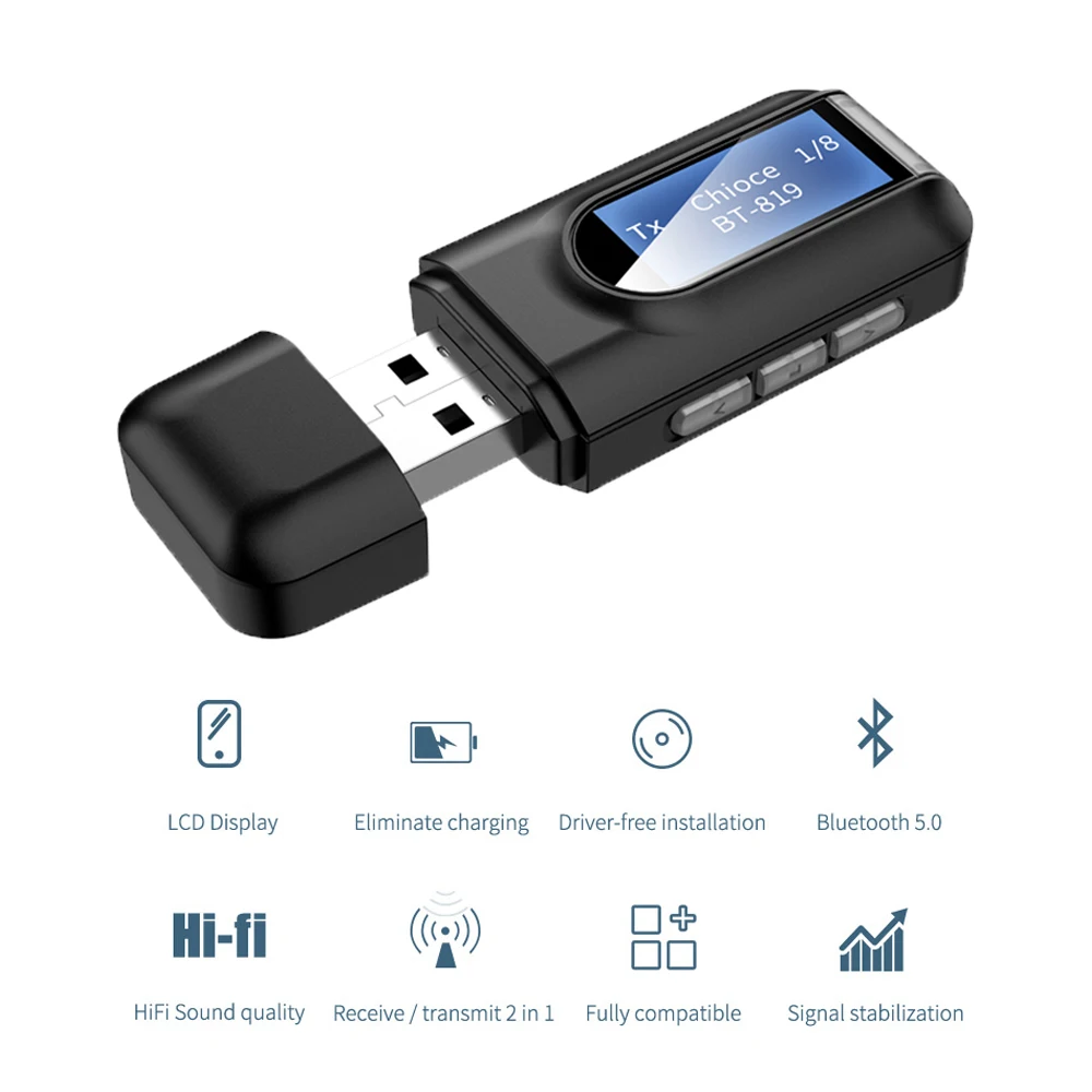 Usb Bluetooth 5 0 аудио приемник передатчик с ЖК-экраном 3 мм AUX стерео USB-ключ адаптер для