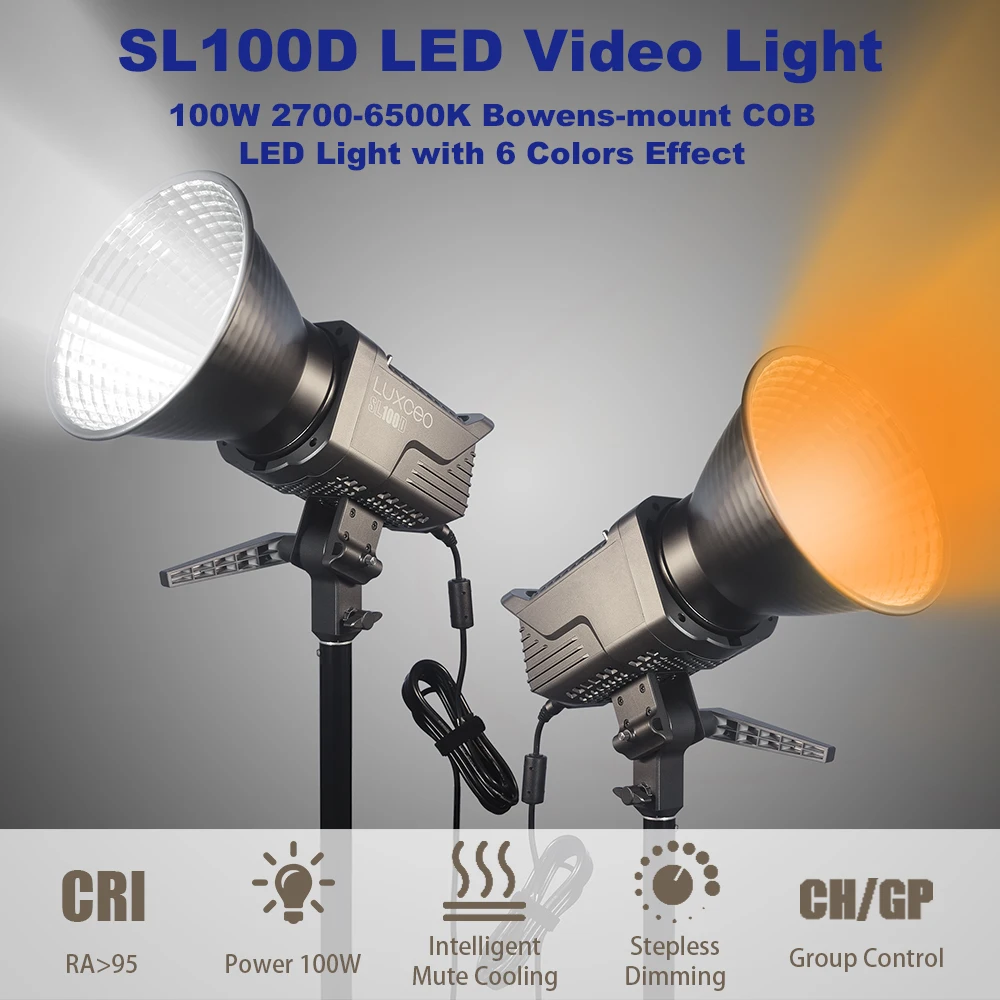 LUXCEO SL100D 100W Bi-Color 2700-6500K Bowens Mount светильник CRI95 + TLCI96 + 6 светильник вых эффектов для фотостудии 
LUXCEO SL100D 100W Bi-Color 2700-6500K Bowens Mount светильник CRI95 + TLCI96 + 6 светильник вых эффектов для фотостудии
