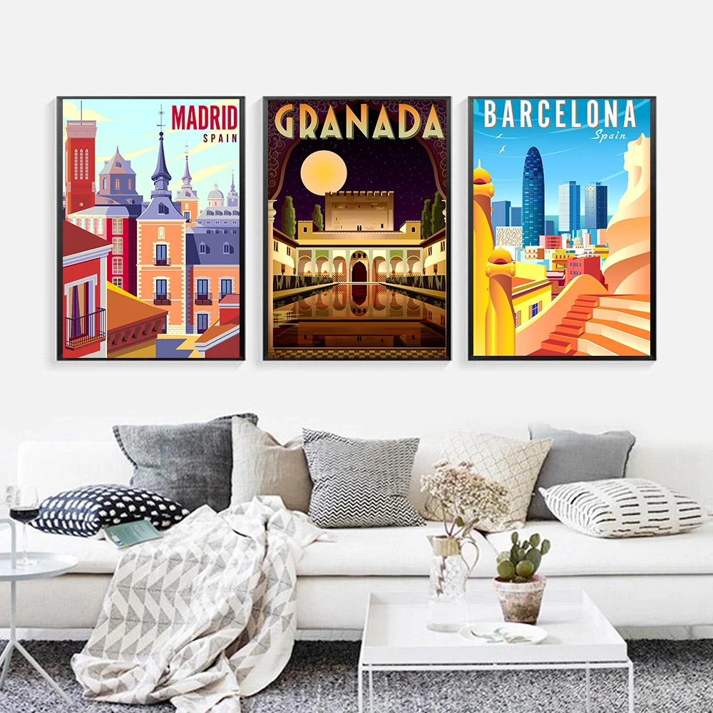 

Nordic World Famous Travel City Art Poster Spain Barcelona Madrid City Vintage Mural Canvas Painting Home Decor Living Room