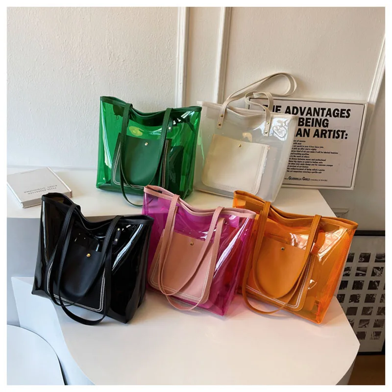 

2023 New Tote Bag Women Transparent Jelly Pouch Pvc Handbag Summer Shopping Bag Vacation Beach Shoulder Bags Sac A Main Femme