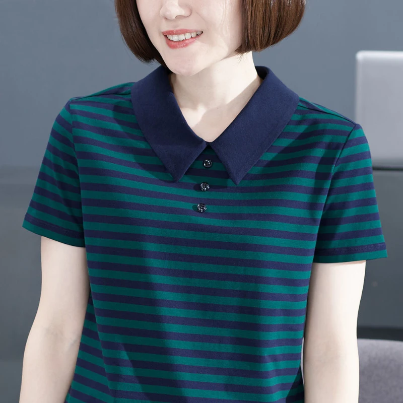 2022 Summer New Woman Stripe Print T Shirt Female Polo Collar Short Sleeve Top Ladies Casual All-match Fashion Tee Shirt Top A42
2022 Summer New Woman Stripe Print T Shirt Female Polo Collar Short Sleeve Top Ladies Casual All-match Fashion Tee Shirt Top A42