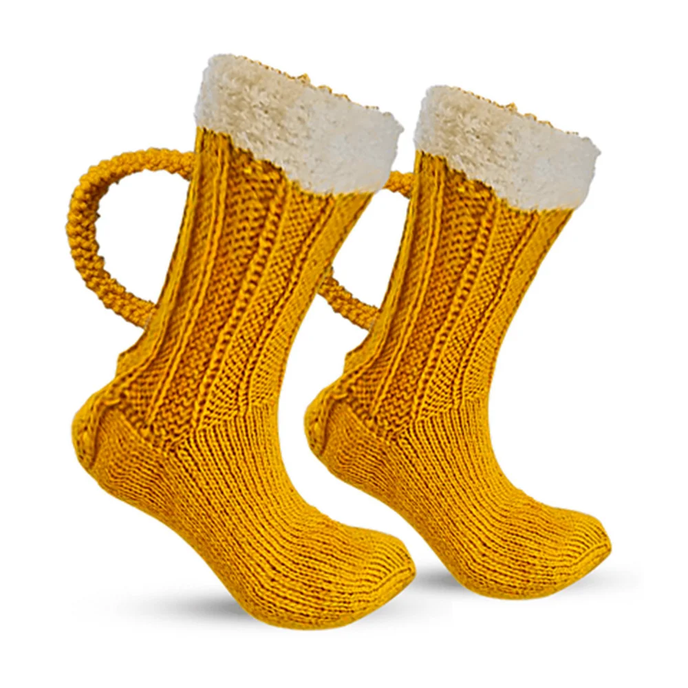 

3D Beer Mug Socks Cute Unisex Funny Novelty Yellow Knit Socks Winter Warm Thick Floor Sock for Men Women Christmas Gift PR Sale