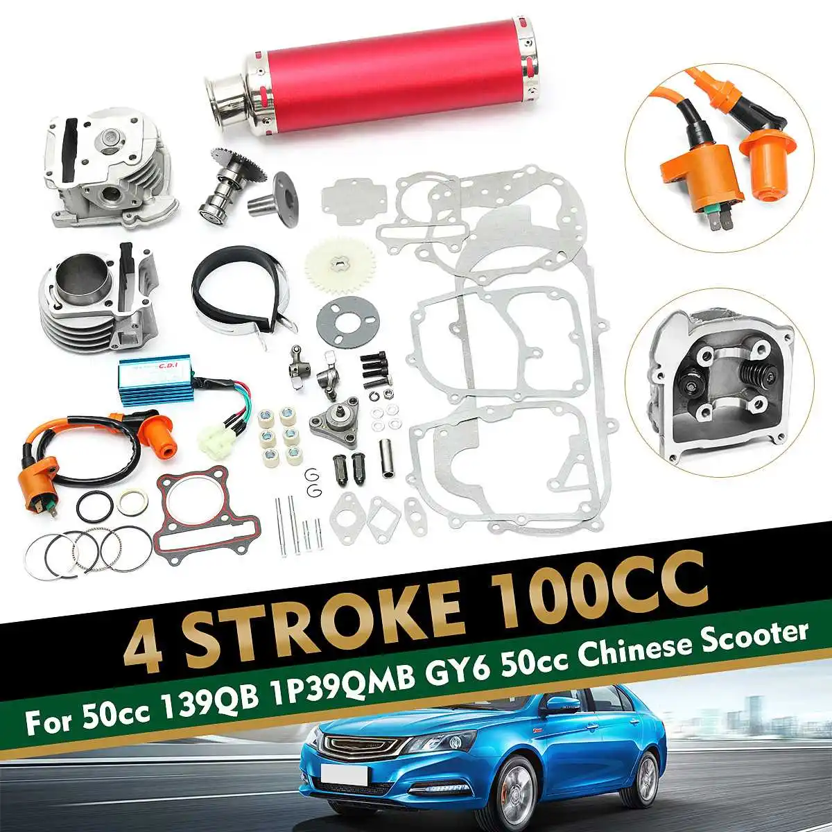 

100CC 50MM Big Bore Scooter Kits Cylinder Piston Ring Power Pack Exhaust Pipe For 139QMB 1P39QMB For 4 Stroke Scooter GY6 50CC
