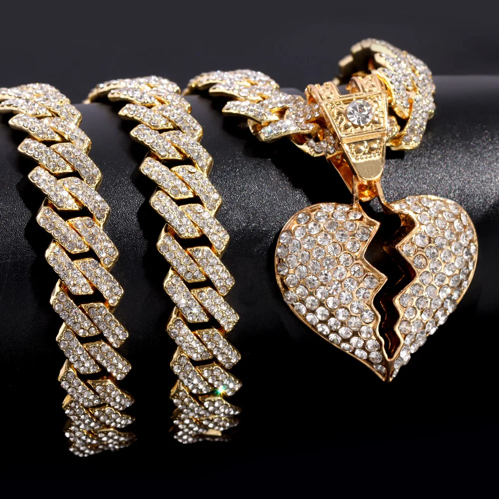 

Men Women Iced Out Bling 14MM Rhombus Cuban Link Chain Necklace Broken Heart Pendant Necklaces Rapper Rock Hip Hop Jewelry Gift
