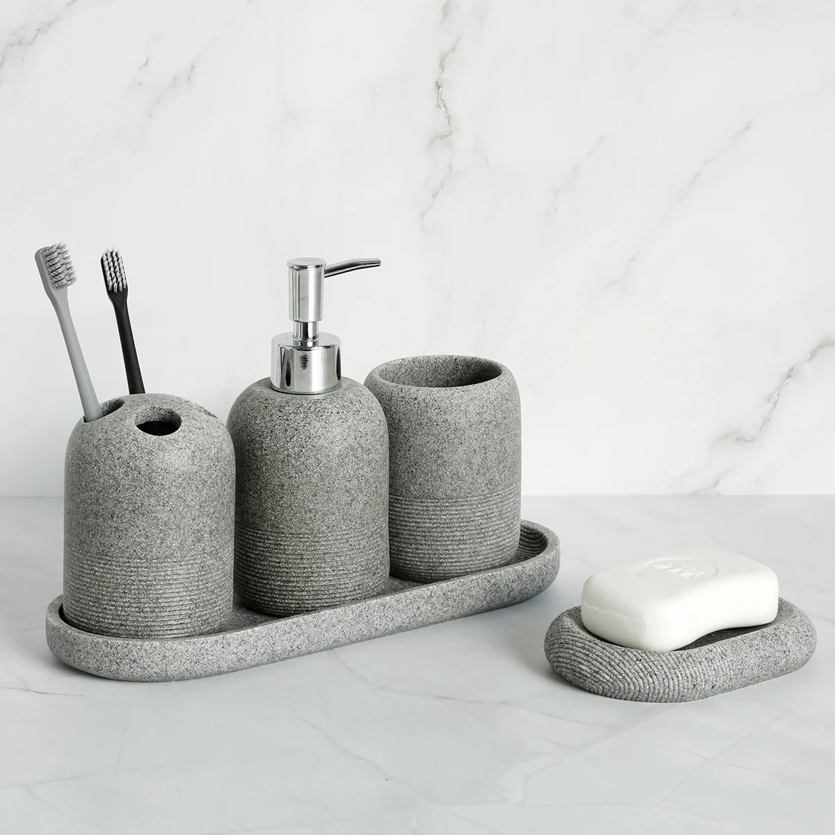 Bathroom Accessory Set 4 Pieces Countertop Bath Set Lotion / Soap Dispenser Toothbrush Cup Holder Tumbler and Tray Gray Sand
Bathroom Accessory Set 4 Pieces Countertop Bath Set Lotion / Soap Dispenser Toothbrush Cup Holder Tumbler and Tray Gray Sand