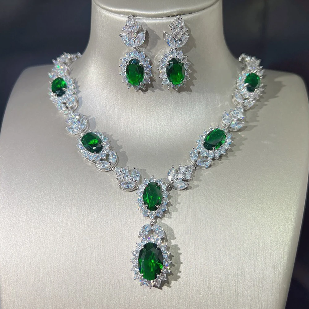

WPB Advanced Design Women Earrings Imitation Emerald Necklace Female Set Zircon Luxury Jewelry Personality Girl's Holiday Gift