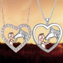 Fashion Heart Zircon Girl and Horse Necklace Gold Plated Pendant Engagement Necklaces for Women Animal Jewelry Anniversary Gift