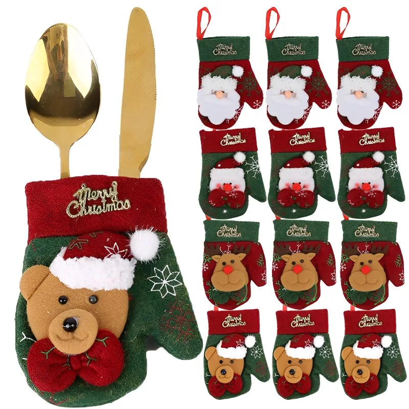 

1/4Pcs Christmas Gloves Knife Fork Cover Snowman Elk Tableware Storage Bags Home Christmas Cutlery Holder Xmas Tree Ornaments